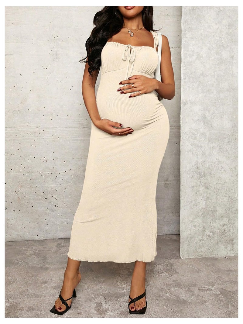 OYOANGLE Women's Maternity Drawstring Front Cami Dress Ribbed Knit Bodycon Midi Dresses Apricot Medium - Image 3
