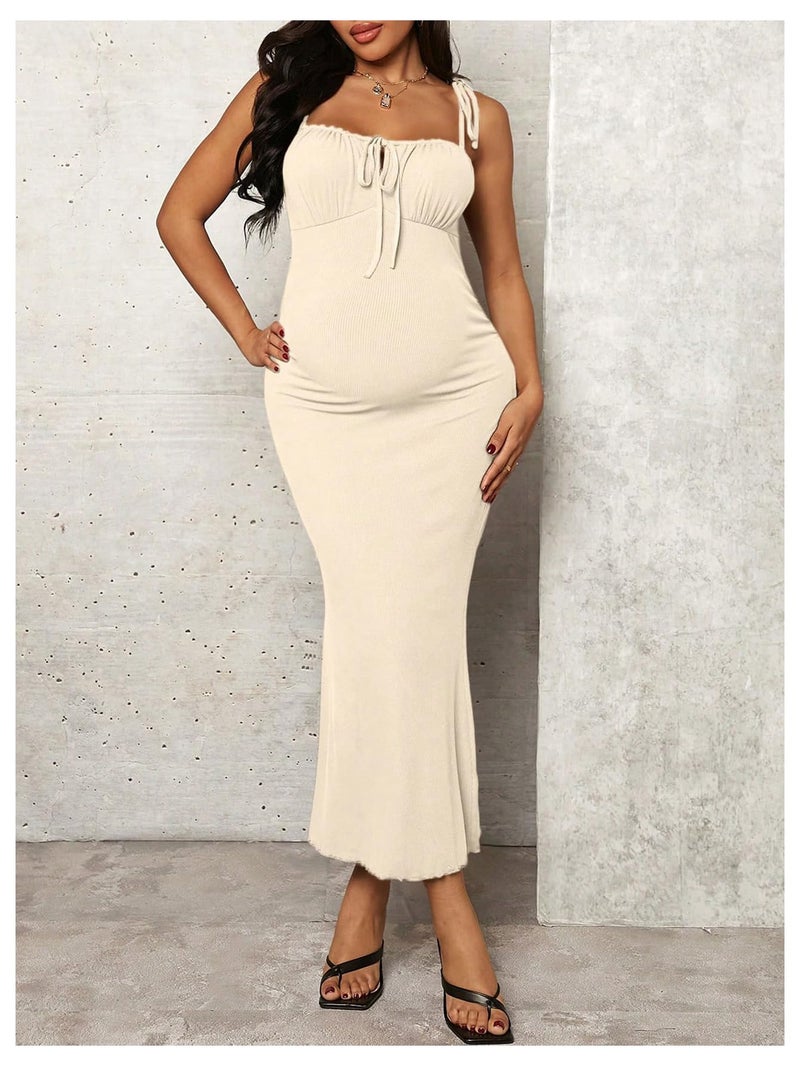 OYOANGLE Women's Maternity Drawstring Front Cami Dress Ribbed Knit Bodycon Midi Dresses Apricot Medium - Image 5