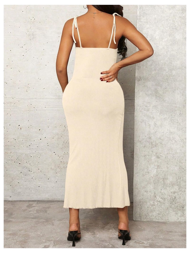 OYOANGLE Women's Maternity Drawstring Front Cami Dress Ribbed Knit Bodycon Midi Dresses Apricot Medium - Image 2