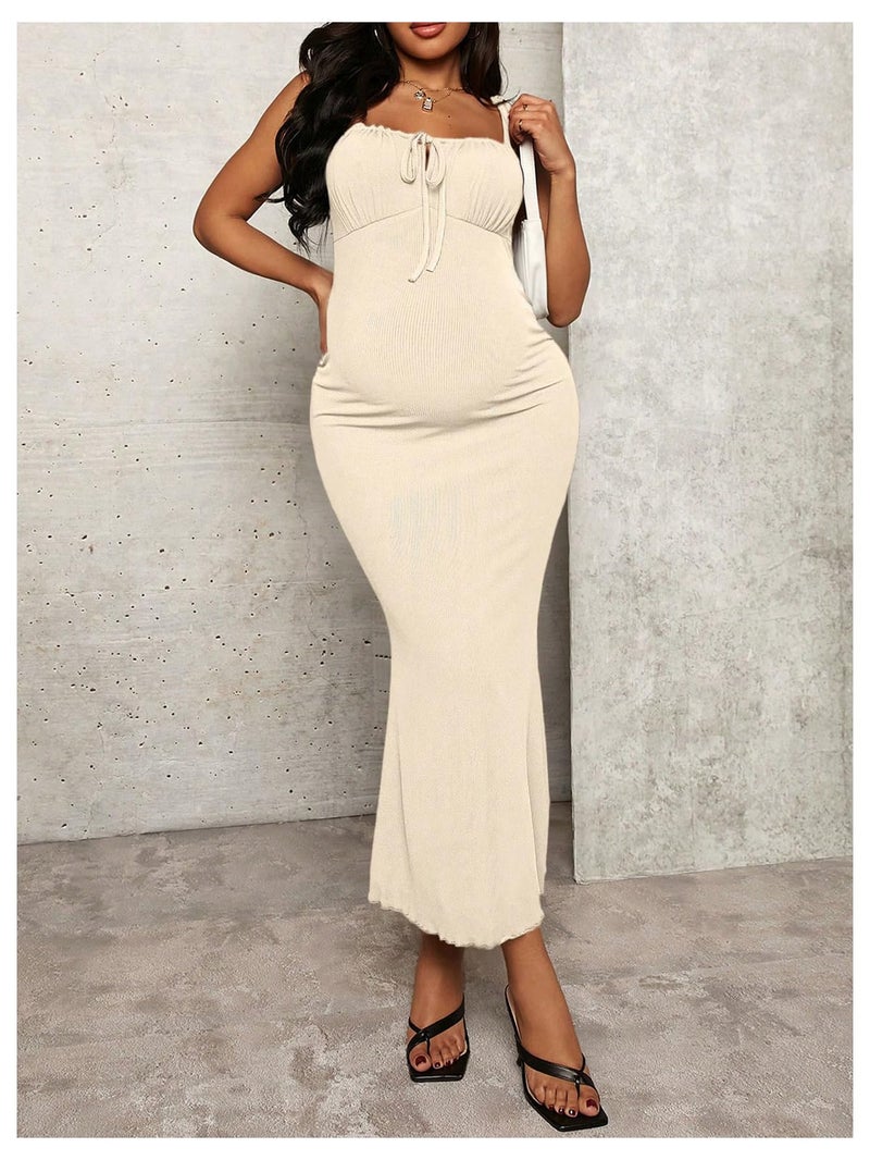 OYOANGLE Women's Maternity Drawstring Front Cami Dress Ribbed Knit Bodycon Midi Dresses Apricot Medium - Image 4