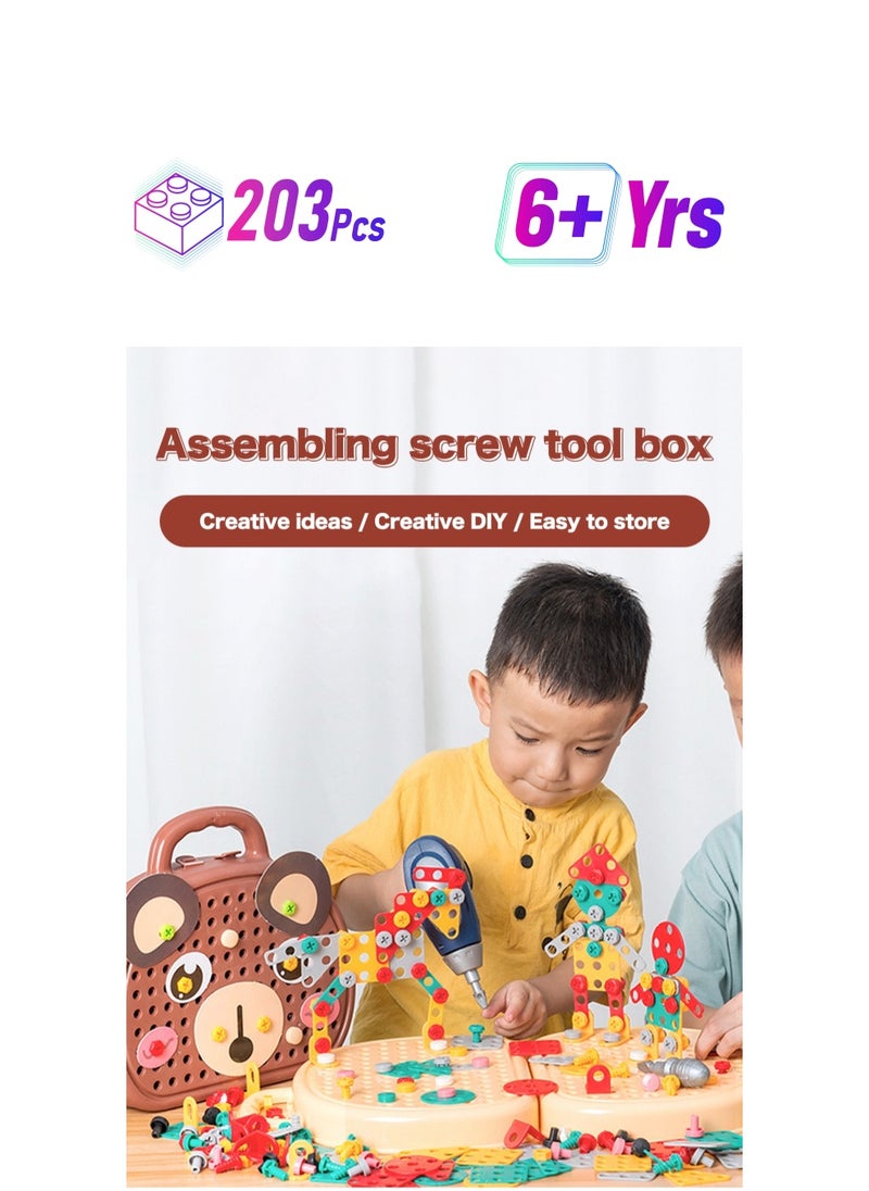 LOOPITYS Teddy Bear shaped Toolbox Toys -203 pieces Creative Drilling Set Creative Drilling Toys with Screwdriver Tools, Electric Drill Toys, and Rainbow Fasteners - Advanced STEM Building Set  - Image 1