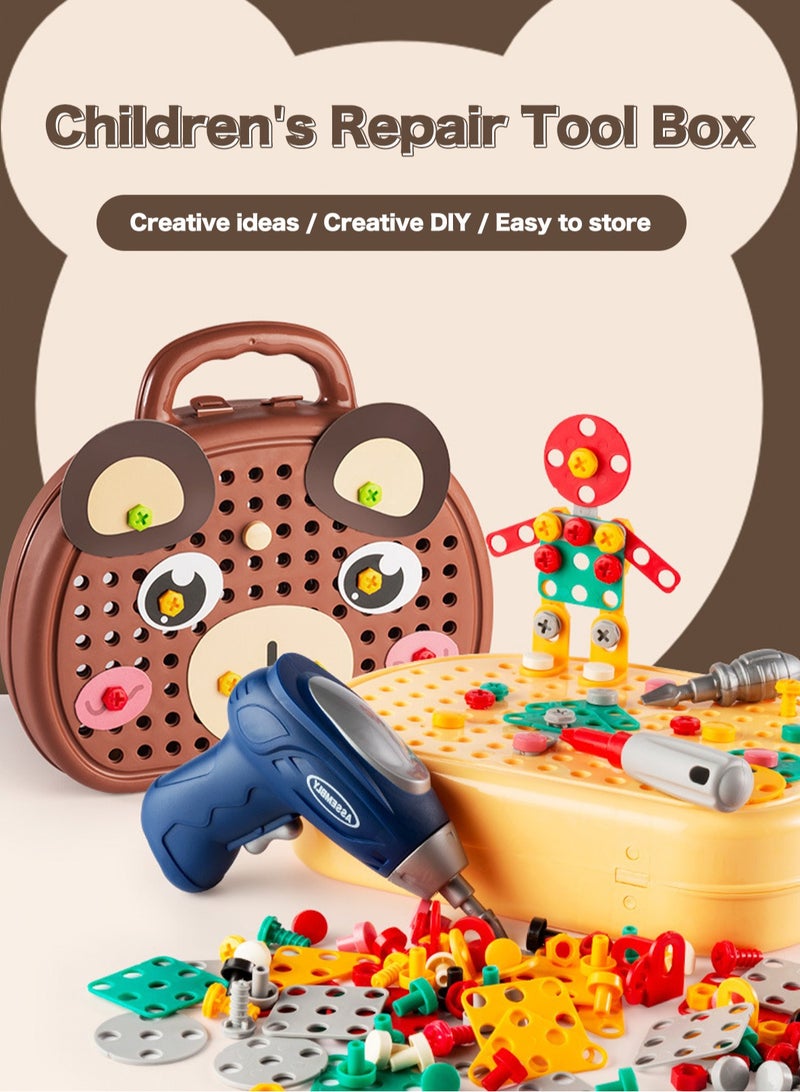 LOOPITYS Teddy Bear shaped Toolbox Toys -203 pieces Creative Drilling Set Creative Drilling Toys with Screwdriver Tools, Electric Drill Toys, and Rainbow Fasteners - Advanced STEM Building Set  - Image 1