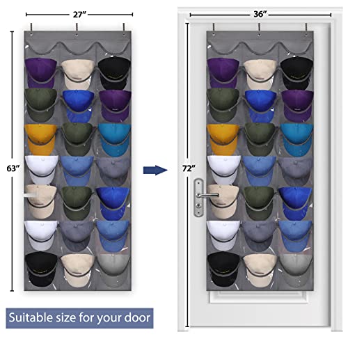 Dofilachy Hat Rack - Hat Organizer - Hat Racks for Baseball Caps, Visible Hat Holder - Baseball Cap Rack for Wall Door with 3 Hooks, 24 Deep Pockets (Dark grey, 1 pack) - Image 3
