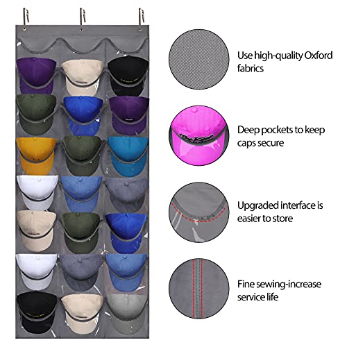 Dofilachy Hat Rack - Hat Organizer - Hat Racks for Baseball Caps, Visible Hat Holder - Baseball Cap Rack for Wall Door with 3 Hooks, 24 Deep Pockets (Dark grey, 1 pack) - Image 2