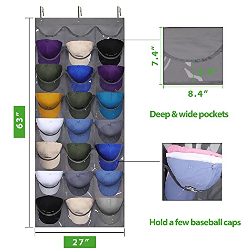 Dofilachy Hat Rack - Hat Organizer - Hat Racks for Baseball Caps, Visible Hat Holder - Baseball Cap Rack for Wall Door with 3 Hooks, 24 Deep Pockets (Dark grey, 1 pack) - Image 5