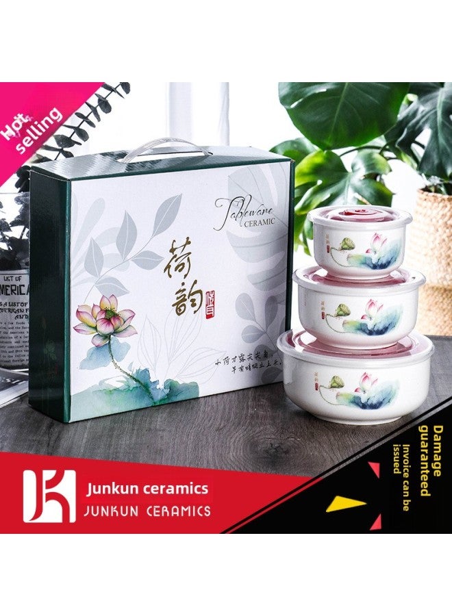 Year Of The Snake Gift Bowl Printed Cartoon Ceramic Fresh-keeping Bowl Three-piece Cartoon Sealed Bowl Wedding Gift Tableware Suit-Specifications:Lotus Rhyme-Color:Large Single Color Box (48 Or 20 Sets Per Box) - Image 1