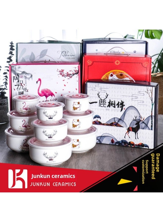 Year Of The Snake Gift Bowl Printed Cartoon Ceramic Fresh-keeping Bowl Three-piece Cartoon Sealed Bowl Wedding Gift Tableware Suit-Specifications:Lotus Rhyme-Color:Large Single Color Box (48 Or 20 Sets Per Box) - Image 3