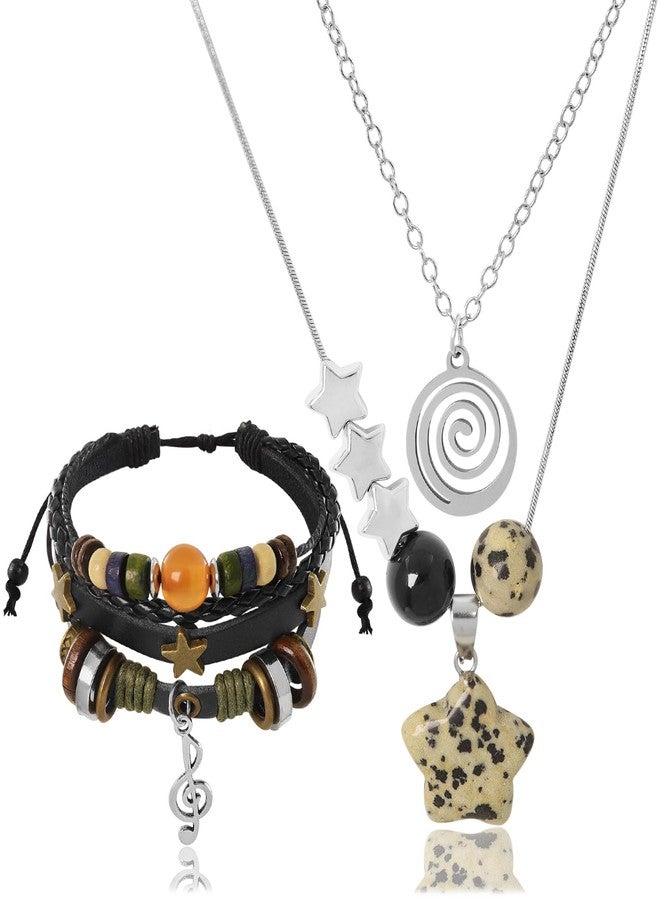 RechicGu Multilayer Y2k Star Necklace Fairy Grunge Bracelets Set Handmade Fairycore Grunge Jewelry Gothic Swirl Star Necklace Punk Rock Roll Music Guitar Grunge Accessories for Women Men Swirl - Image 1