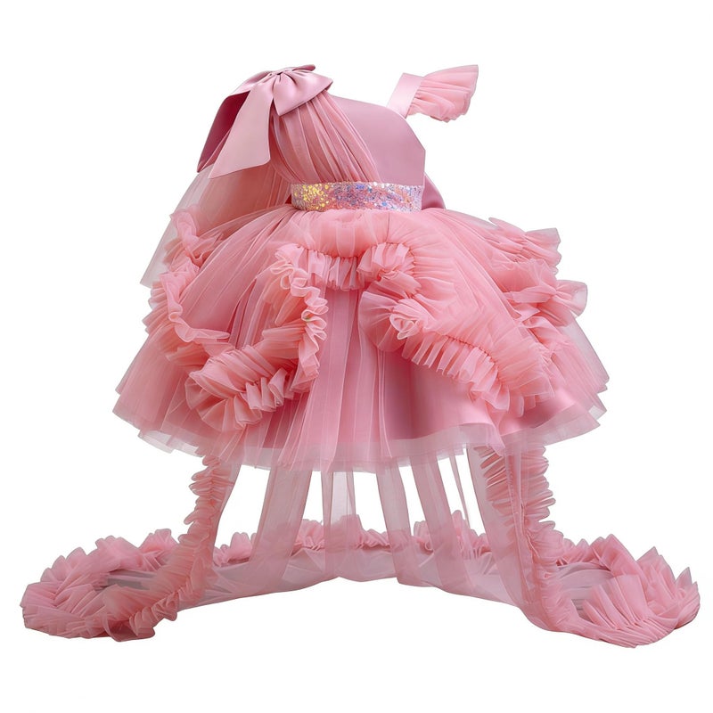 MIEKISA Toddler Baby Girls Birthday Wedding Party Tulle Multiple Layers Tailed Dress 1-6 Years Old (US, Age, 12 Months, 18 Months, Dark Pink) - Image 1