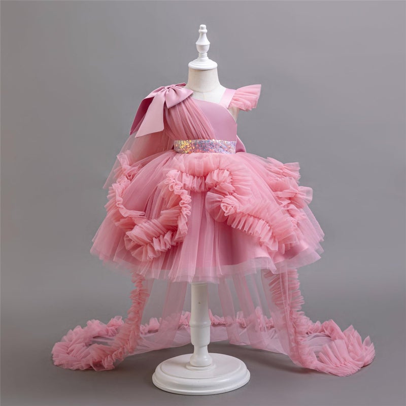 MIEKISA Toddler Baby Girls Birthday Wedding Party Tulle Multiple Layers Tailed Dress 1-6 Years Old (US, Age, 12 Months, 18 Months, Dark Pink) - Image 3