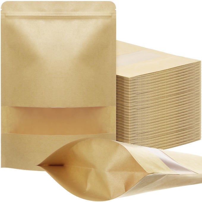 300 PCS KRAFT BAGS WITH WINDOW 7 X 10 INCH KRAFT STAND POUCHES BULK ZIPPER PAPER POUCHES FOOD STORAGE REUSABLE HEAT SEALABLE BAGS FOR PACKAGING HOME OFFICE BUSINESS