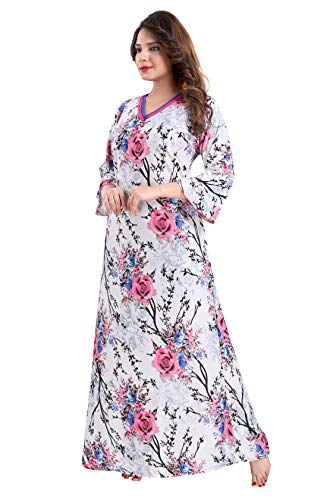 Fabme Women's Printed Flare Nighty with Long Sleeves/Night Gown/Nightwear/Maxi (White, Pink|| L) (NW0250) - Image 2