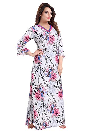 Fabme Women's Printed Flare Nighty with Long Sleeves/Night Gown/Nightwear/Maxi (White, Pink|| L) (NW0250) - Image 4