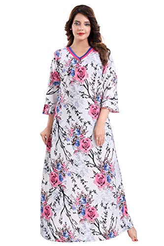 Fabme Women's Printed Flare Nighty with Long Sleeves/Night Gown/Nightwear/Maxi (White, Pink|| L) (NW0250) - Image 1