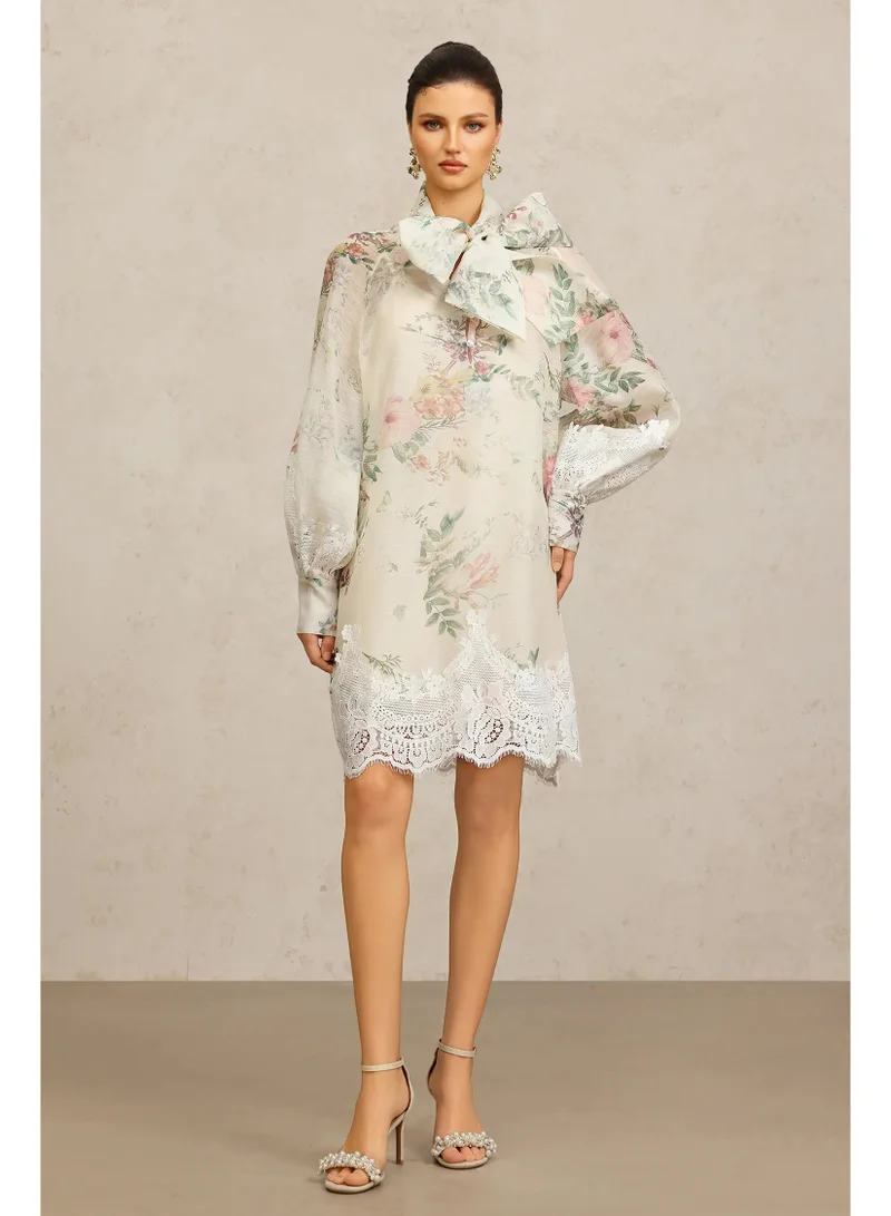 Bella Barnett Sareka V-Neck Long Sleeves Lace Flowers Streamer Bowknot Floral Printed Mini Dress