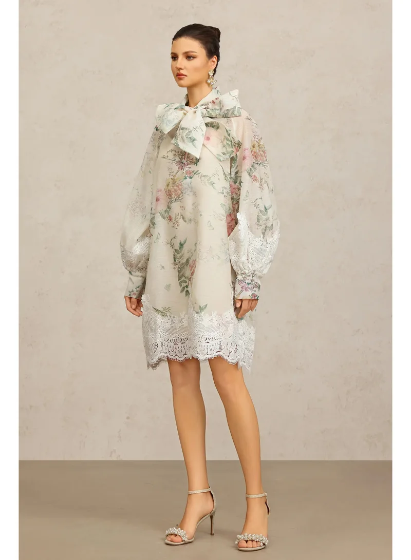 Bella Barnett  Sareka V-Neck Long Sleeves Lace Flowers Streamer Bowknot Floral Printed Mini Dress for Women | Best Price UAE