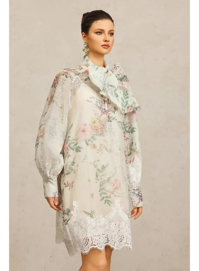 Bella Barnett  Sareka V-Neck Long Sleeves Lace Flowers Streamer Bowknot Floral Printed Mini Dress for Women | Best Price UAE