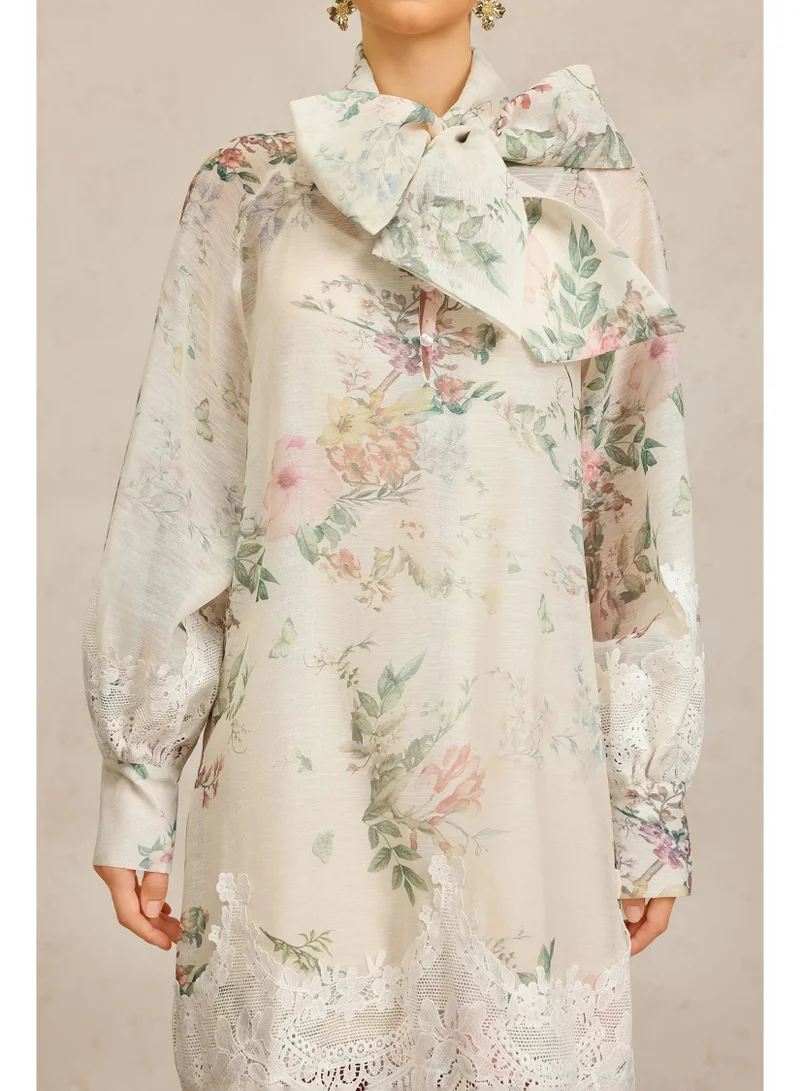 Bella Barnett  Sareka V-Neck Long Sleeves Lace Flowers Streamer Bowknot Floral Printed Mini Dress for Women | Best Price UAE