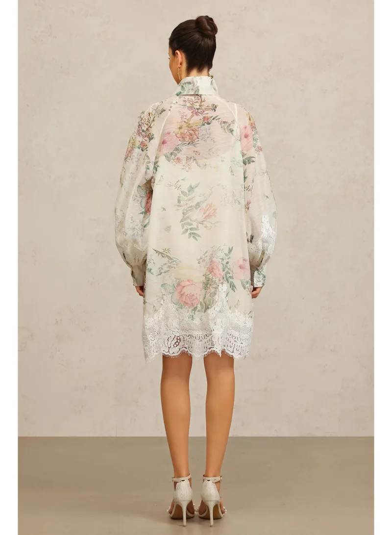 Bella Barnett  Sareka V-Neck Long Sleeves Lace Flowers Streamer Bowknot Floral Printed Mini Dress for Women | Best Price UAE