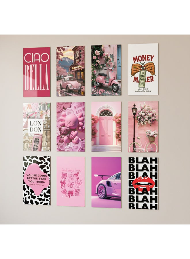 مجموعة بوسترات جمالية وردي نبكي (12 قطعة) – ورق كوشيه سميك لامع 300 جم مع لاصق مزدوج، ديكور جداري مثالي لغرف البنات والديكور العصري الناعم - Image 1