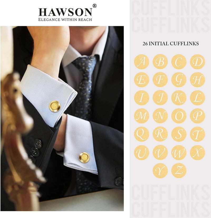 HAWSON مجموعة مشابك ربطة عنق وأزرار أكمام 2 بوصة للرجال A-Z مزخرفة بالحروف الذهبية - Image 2
