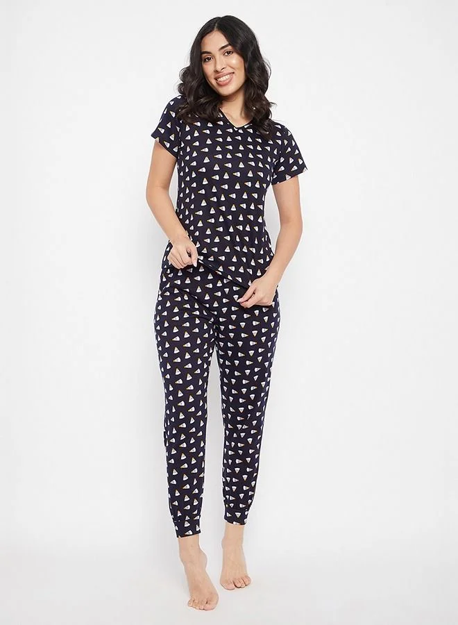 كلوفيا Clovia Shuttlecock Print Top & Jogger Set in Navy - 100% Cotton