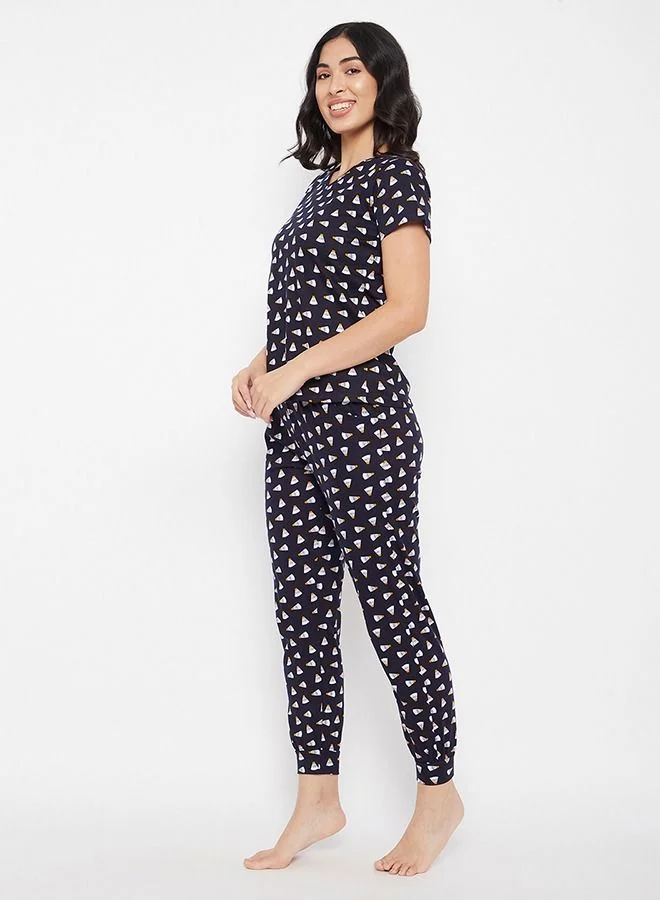 كلوفيا Clovia Shuttlecock Print Top & Jogger Set in Navy - 100% Cotton