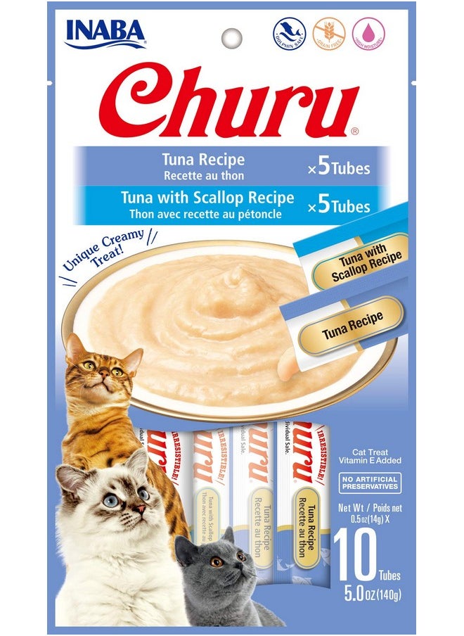 إينابا مكافآت القطط Churu، خالية من الحبوب، قابلة لللعق والضغط، مكافأة/تغطية القطط المهروسة الكريمية مع فيتامين E والتورين، 0.5 أونصة لكل أنبوب، 10 أنابيب في المجموع/نكهتين، متنوعة من التونة والاسكالوب  - Image 1