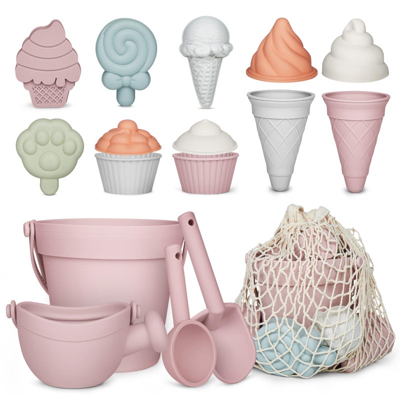 MarcZero 17Pcs Silicone Beach ToysModern Baby Beach ToysTravel Friendly Beach SetSilicone Bucket Watering Can Shovel 12 Sand Molds Beach BagSilicone Sand Toys for Toddlers Kids Pink - Image 4