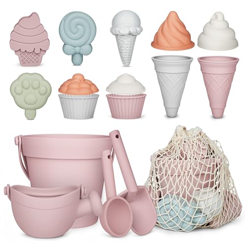 MarcZero 17Pcs Silicone Beach ToysModern Baby Beach ToysTravel Friendly Beach SetSilicone Bucket Watering Can Shovel 12 Sand Molds Beach BagSilicone Sand Toys for Toddlers Kids Pink - Image 1