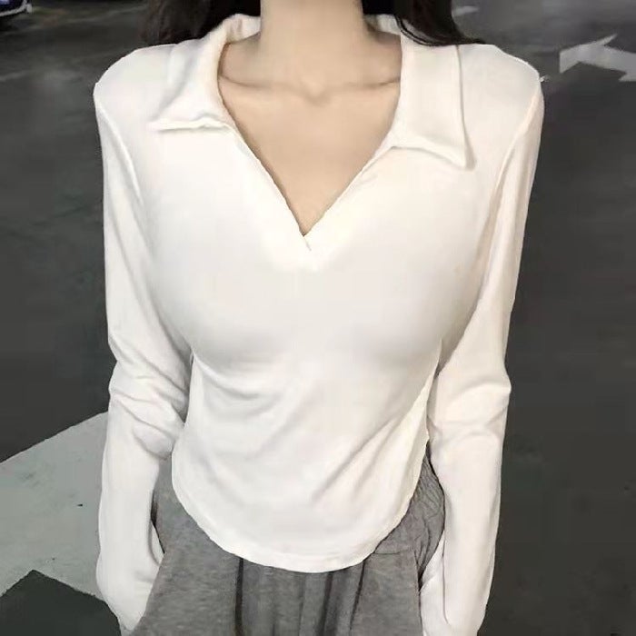 260g Long-Sleeve Polo Crop Top for Women Autumn MYTD#23# Black - Image 2