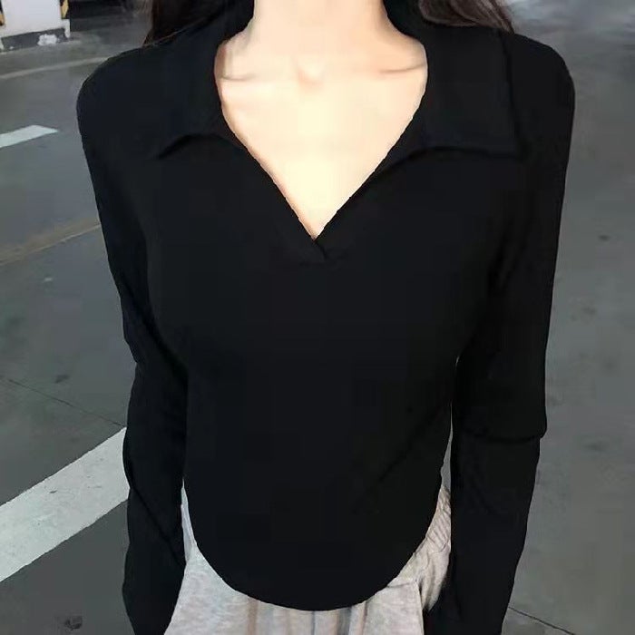 260g Long-Sleeve Polo Crop Top for Women Autumn MYTD#23# Black - Image 1