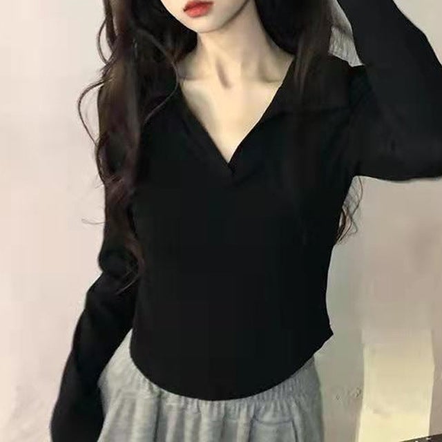 260g Long-Sleeve Polo Crop Top for Women Autumn MYTD#23# Black - Image 4