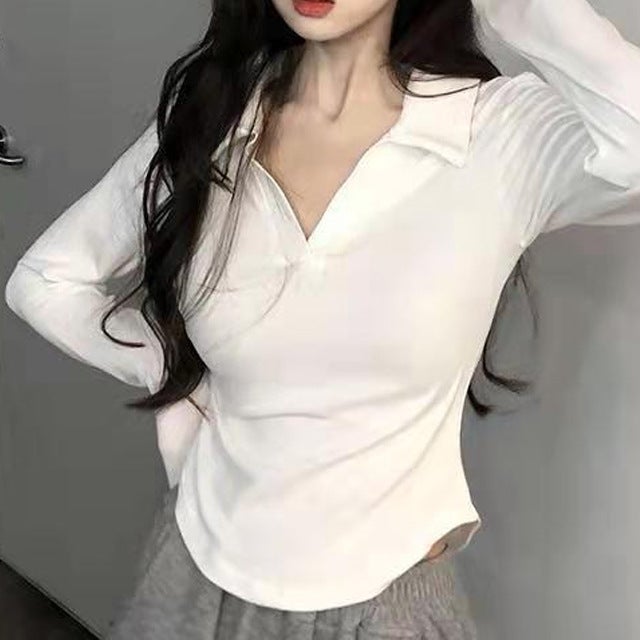 260g Long-Sleeve Polo Crop Top for Women Autumn MYTD#23# Black - Image 5