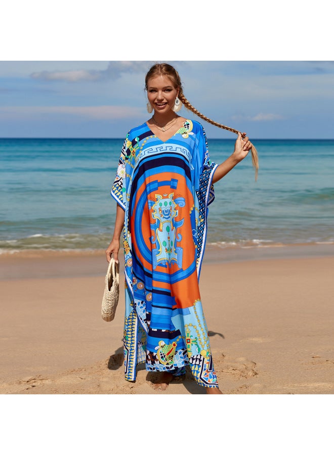 Robe Beach Blouse Rayon Printed Vacation Sunscreen Shirt Plus Size Bikini Beach Dress Amazon-Color:07 Blue Orange Chain-