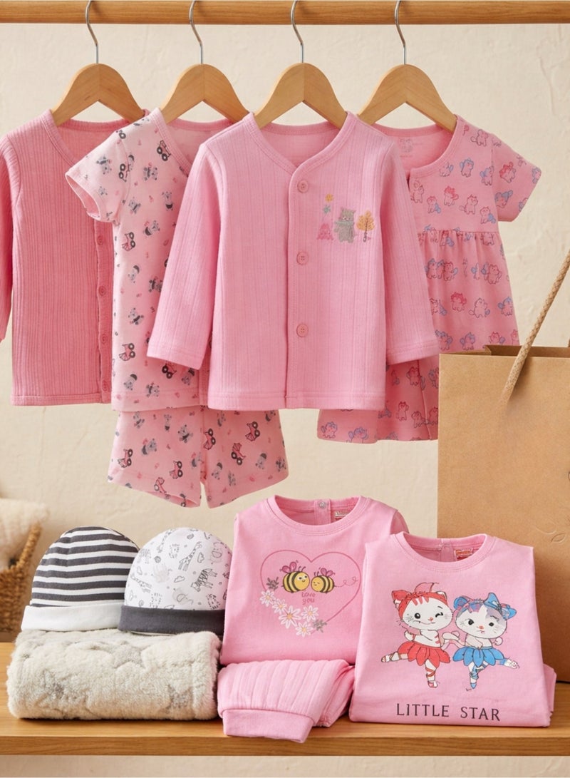 Newborn Baby Girl All In One Gift Set (0–2 Months) – 100% Cotton Clothing Sets, AC-Friendly Sleepwears, Blanket & Caps - Image 1