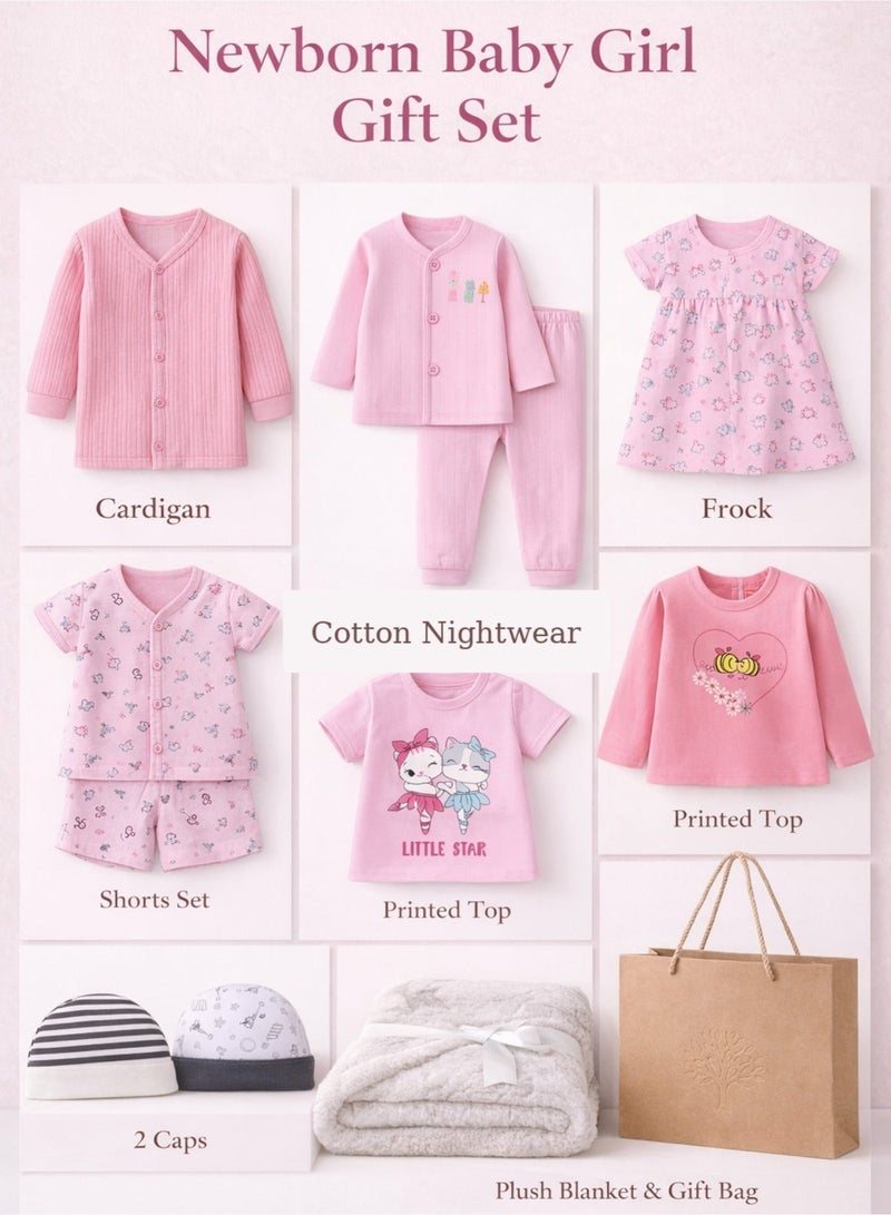 Newborn Baby Girl All In One Gift Set (0–2 Months) – 100% Cotton Clothing Sets, AC-Friendly Sleepwears, Blanket & Caps - Image 2