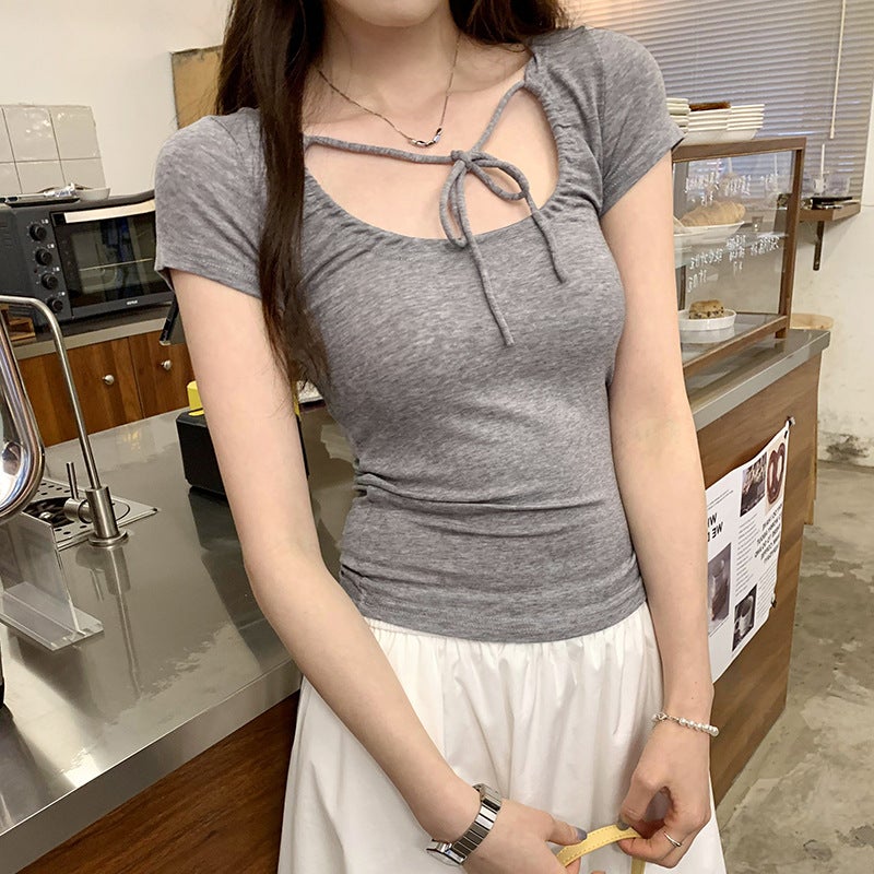 2025 Temperament Unique Beautiful Hollow Bow Shoulder White Short-Sleeved T-Shirt Women'S Summer Commuter New Style - Image 5