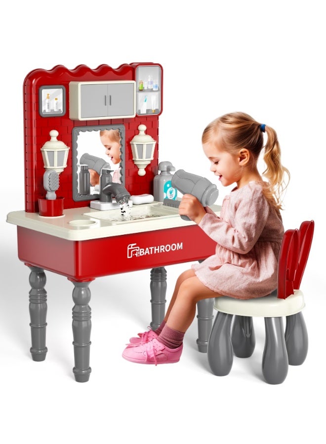Lucky Doug Kids Vanity Table and Chair Set, Red ABS Plastic Bathroom Dressing Table Toy with Water Circulation, for Girls Ages 3-7 - Image 3