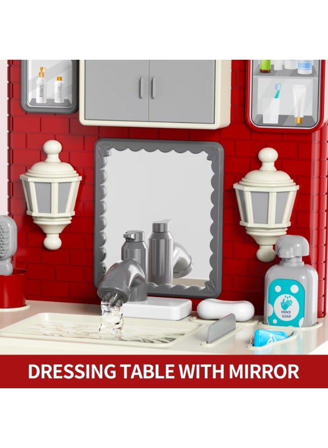 Lucky Doug Kids Vanity Table and Chair Set, Red ABS Plastic Bathroom Dressing Table Toy with Water Circulation, for Girls Ages 3-7 - Image 4