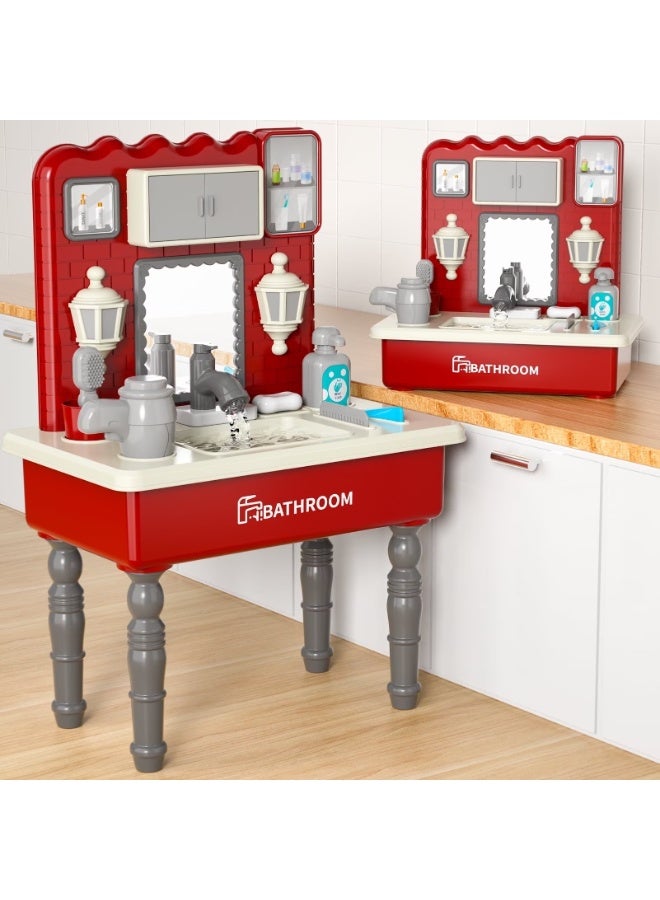 Lucky Doug Kids Vanity Table and Chair Set, Red ABS Plastic Bathroom Dressing Table Toy with Water Circulation, for Girls Ages 3-7 - Image 1