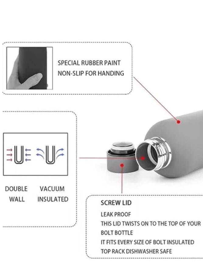 JoyousSto Stainless Steel  water bottle insulated thermos soft touch with neck tags travel water bottle Long Lasting Hot or Cold Drinks Grey 500ml  - Image 3