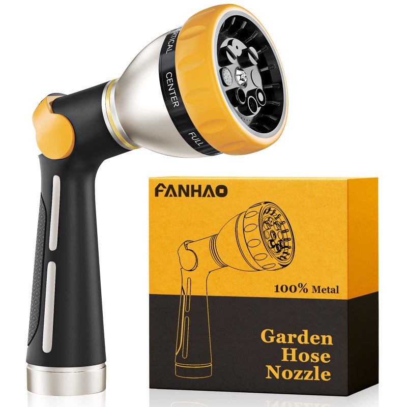 FANHAO Garden Hose Nozzle, 100% Heavy Duty Metal Spray Nozzle with Thumb Control, High Pressure Water Nozzle with 8 Adjustable Spray Patterns for Watering Plants, Washing Cars and Showering Pets - Image 1