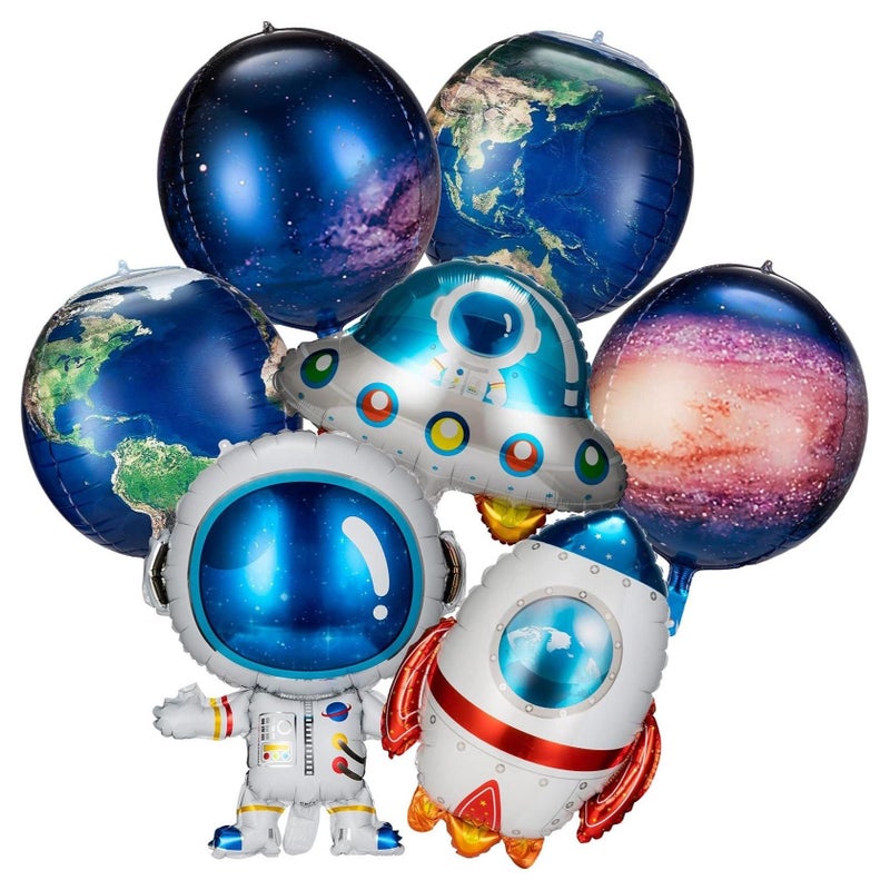 بالونات جالاكسي سبيس، 7 قطع بالونات كرتونية كبيرة للفضاء الخارجي، بالونات كوكب فضاء من رقائق معدنية قابلة للنفخ على شكل صاروخ رائد فضاء الأرض، - Image 1