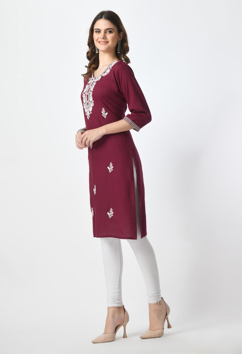 LIBOZA Store LIBOZA Kurta for Women – Lakhnowi Chikankari Embroidered Ladies Kurti, Stylish Girls Top, Ethnic Full Kurtas, Straight Design Kurtis for Woman Purple - Image 5