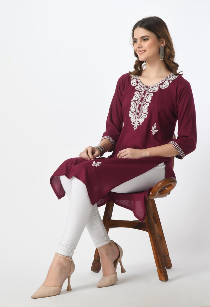 LIBOZA Store LIBOZA Kurta for Women – Lakhnowi Chikankari Embroidered Ladies Kurti, Stylish Girls Top, Ethnic Full Kurtas, Straight Design Kurtis for Woman Purple - Image 4