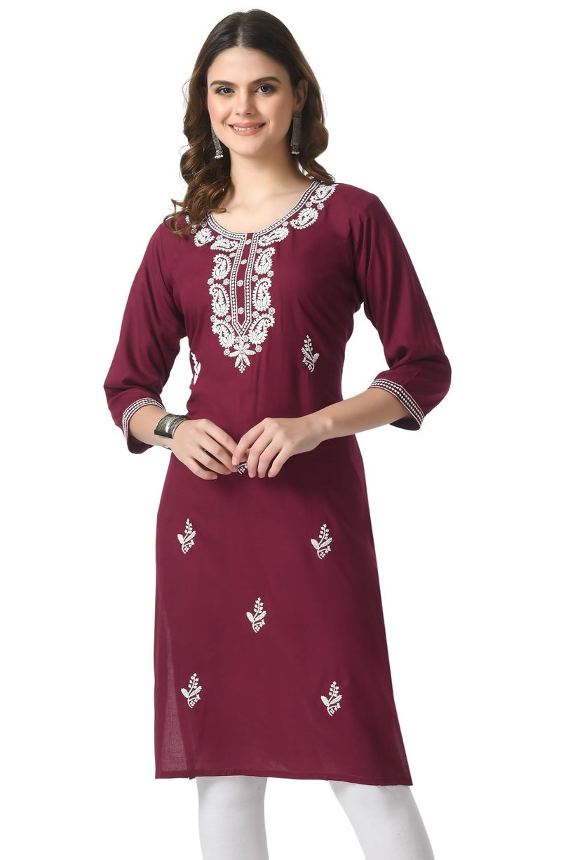 LIBOZA Store LIBOZA Kurta for Women – Lakhnowi Chikankari Embroidered Ladies Kurti, Stylish Girls Top, Ethnic Full Kurtas, Straight Design Kurtis for Woman Purple - Image 1