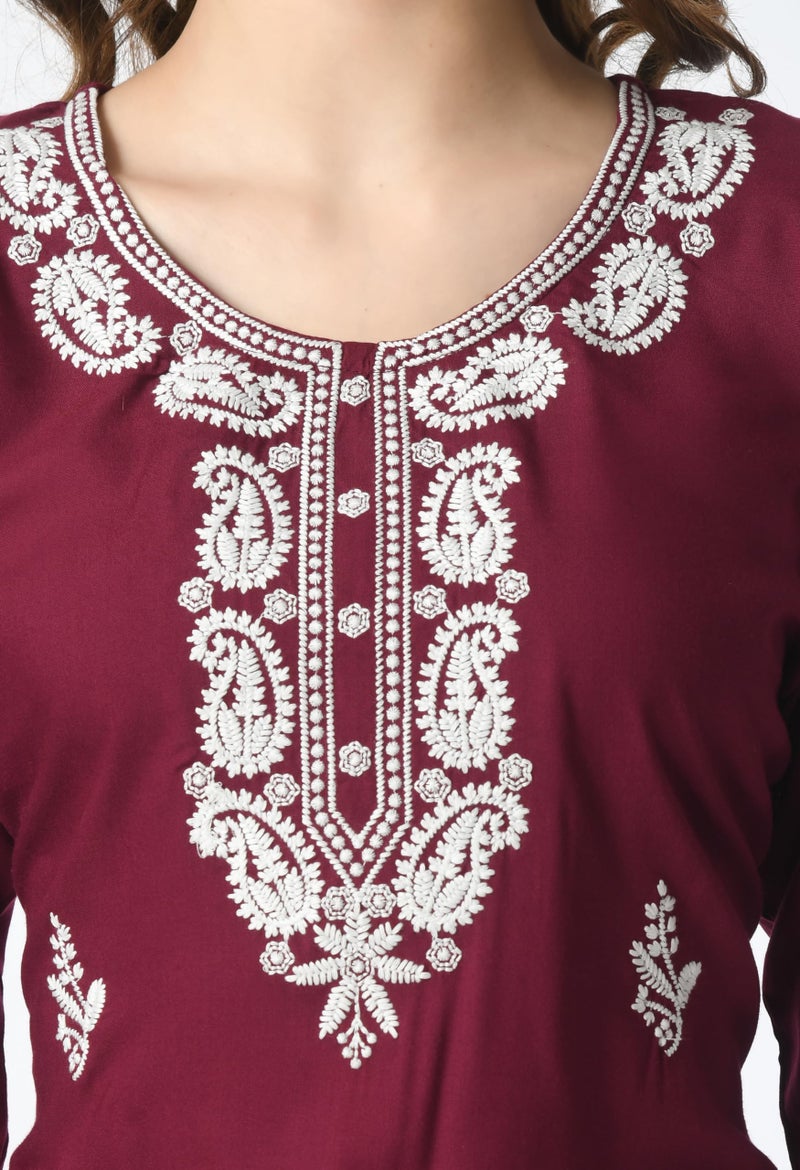 LIBOZA Store LIBOZA Kurta for Women – Lakhnowi Chikankari Embroidered Ladies Kurti, Stylish Girls Top, Ethnic Full Kurtas, Straight Design Kurtis for Woman Purple - Image 3
