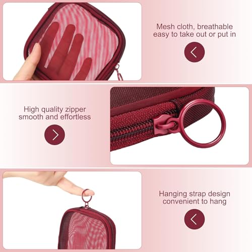 Fennec Mart 4pcs Mesh Makeup Pouch Small Cosmetic Bags for Women, 4.7" Square Nylon Mini Zipper Organizer for Lipstick, Coins, Toiletries, Accessories – Compact Travel Pouches for Purse & Bag (Maroon) - Image 3