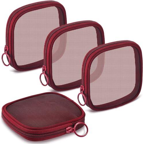 Fennec Mart 4pcs Mesh Makeup Pouch Small Cosmetic Bags for Women, 4.7" Square Nylon Mini Zipper Organizer for Lipstick, Coins, Toiletries, Accessories – Compact Travel Pouches for Purse & Bag (Maroon) - Image 1